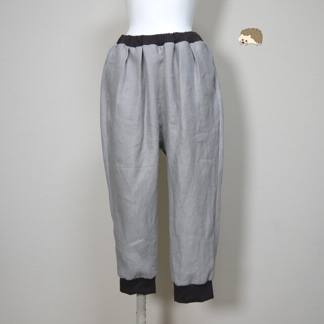 クロップドパンツ◆グレージュ（リブ：ブラウン）◆フリーサイズ◆カラーリネン（中厚、リネン100%）