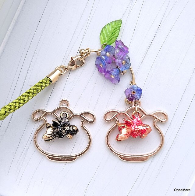 【ラスト1点】金魚と朝顔の根付け・帯飾りⅤ（赤または黒）