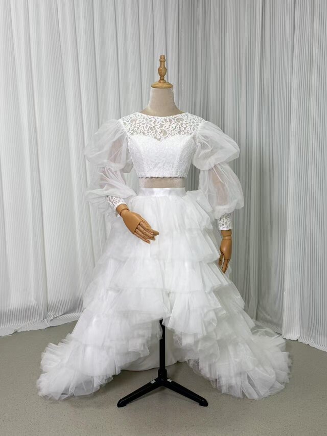 ウエディングドレス セパレート トップス+スカート フレア袖 繊細レース フィッシュテール 前撮り