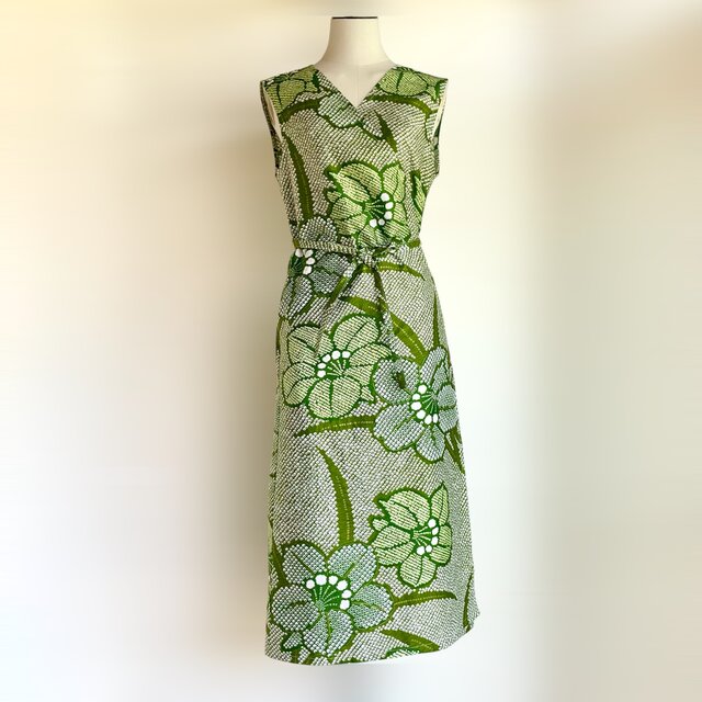 ノースリーブ　カシュクールワンピース【送料込み】古布リメイク　グリーン