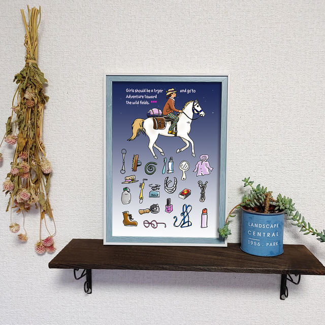 フレーム付き/アートポスター/そのままプレゼントに/すぐ飾れる /馬旅ガール/A4/冒険/荒野