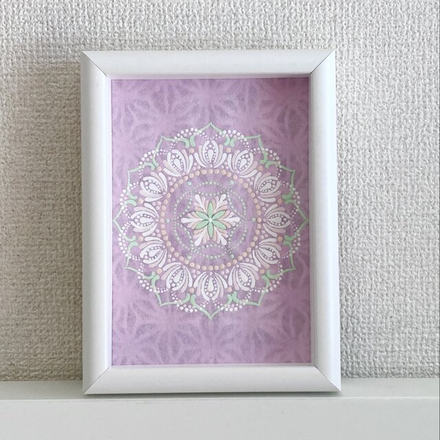 和紙にドットマンダラ　2Lフレーム付き　白　グリーン　ドットマンダラ
