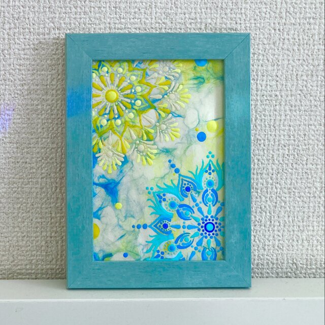和紙にドットマンダラ　フレーム付き　ライトブルー　レモンイエロー
