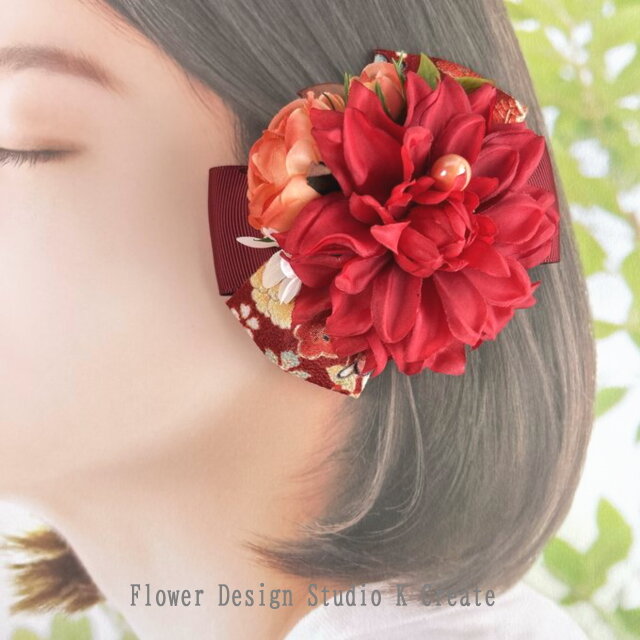 赤色クリスタル装飾ヘアクリップ 浴衣・着物髪飾りに♡赤いダリアの和風ヘアクリップ 和風 浴衣