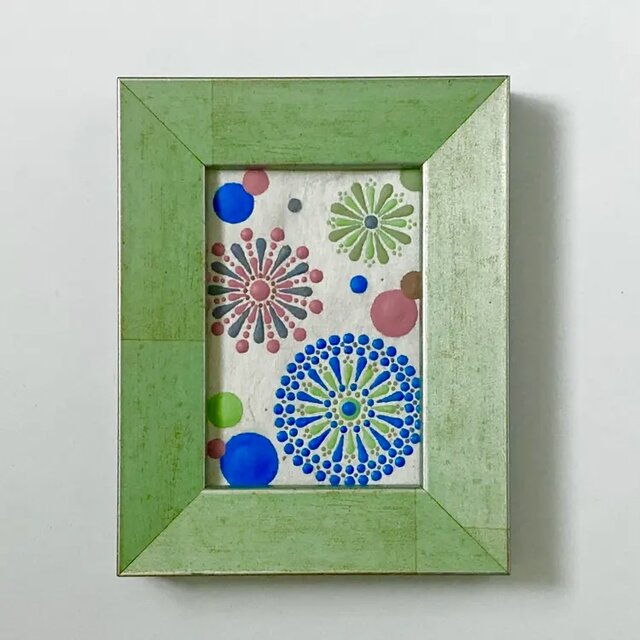 和紙にドットマンダラ　ミニフレーム付き　グリーン＆チャコールグレー