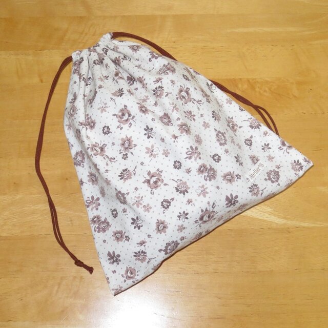 巾着★ドット★花柄（ブラウン×生成）