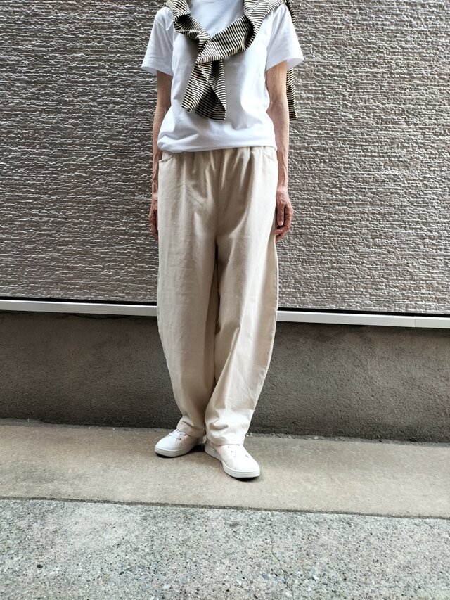 リネン混*デザインテーパードパンツ handmade 生成り カジュアル