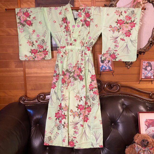浴衣リメイク セミロング ワンピース ドレス 帯ベルト 和洋折衷 ミント