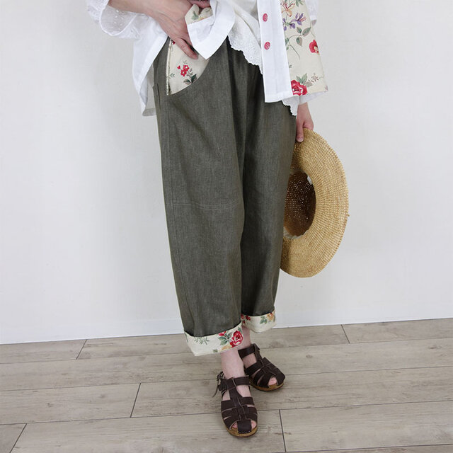 ラスト！[予約販売] 3WAY裾とリネンフラワー・オリーブデニムサルエル風パンツ