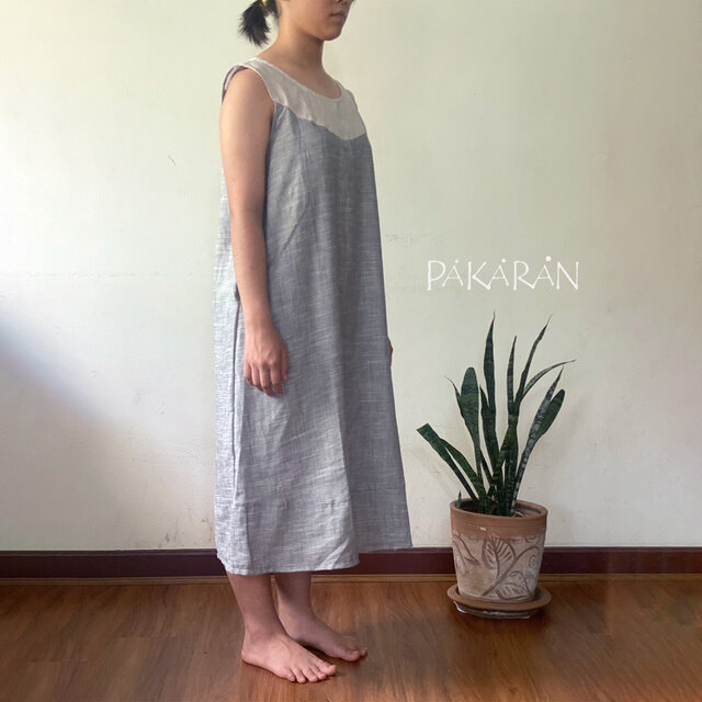 刺し子リネンワンピース　チュニック　裏布付き リネンワンピース・グレー 薄手で柔らか夏のお出掛けにぴったり 裏地