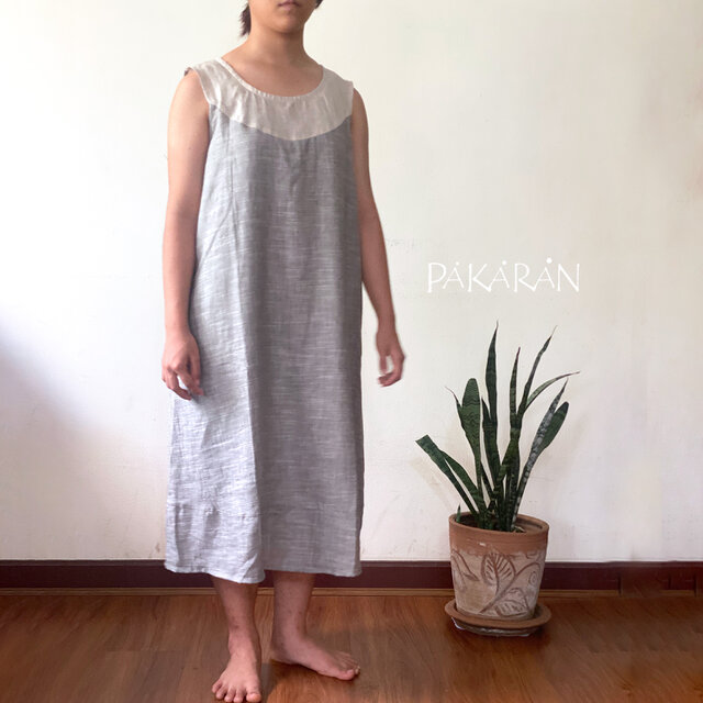 リネンワンピース・グレー 薄手で柔らか夏のお出掛けにぴったり 裏地
