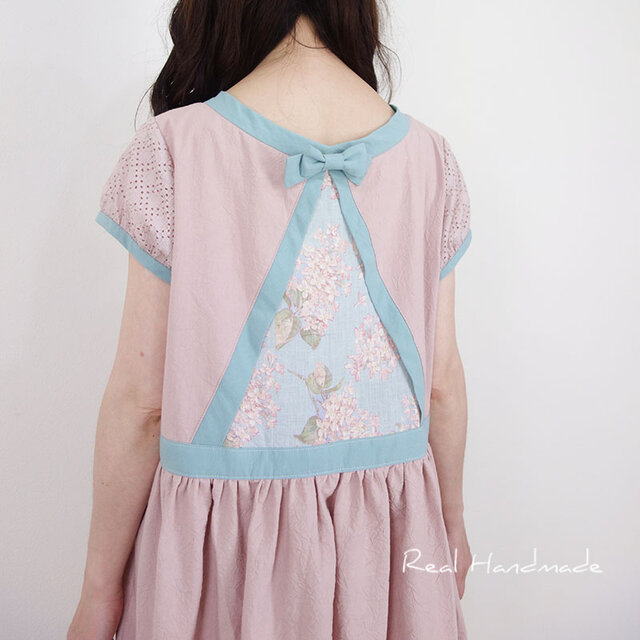 ハンドメイド　作家様　リネンワンピース ピンクワッシャーとリバティ アーカイブ・ライラックリネンの