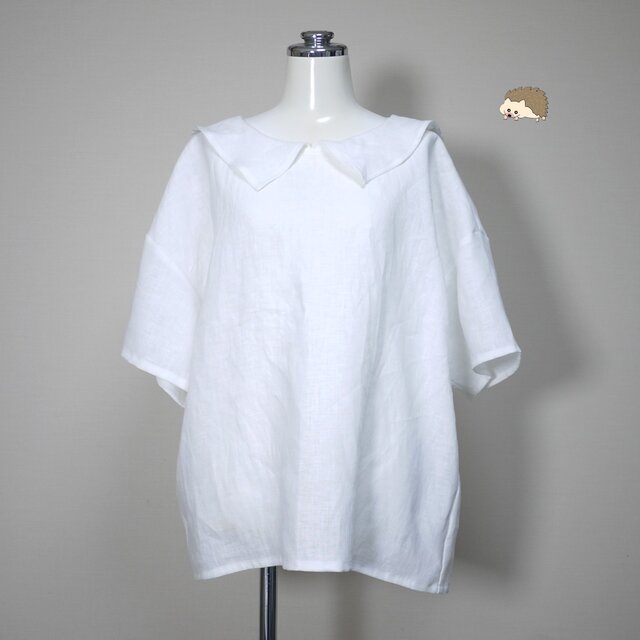 リネン◆ひらっとカラーのロングセーラーブラウス　半袖◆オフホワイト◆フリーサイズ（中厚、リネン100％）