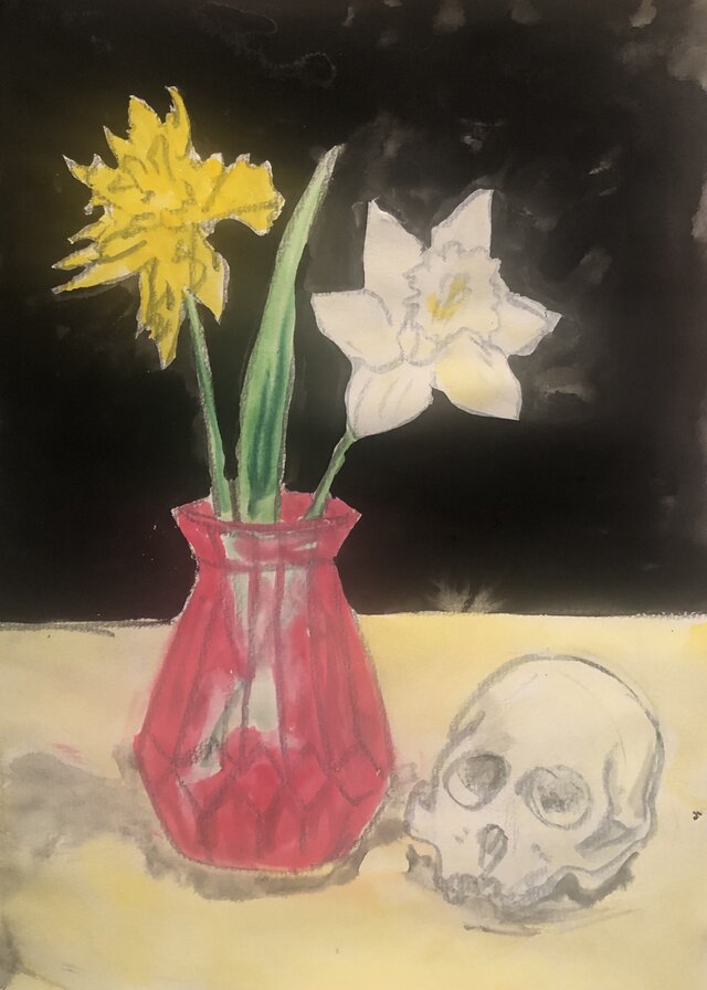 水仙と猿の頭骨