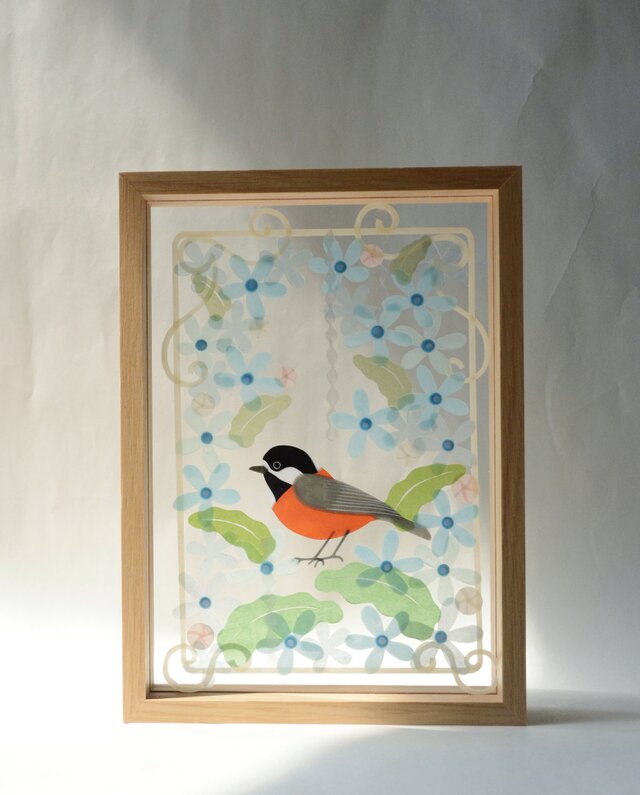 光透ける切り絵＊ブルースターとヤマガラ