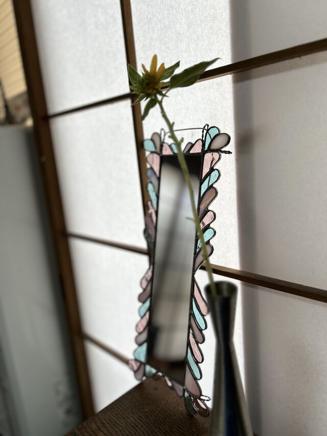 ステンドグラス鏡　波ピンク