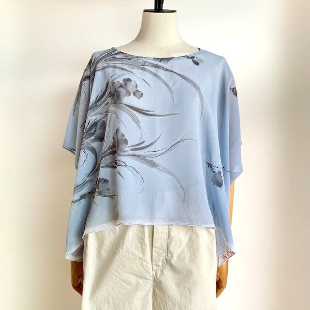 シアー　スクエアブラウス【送料込み】古布リメイク　ライトブルー