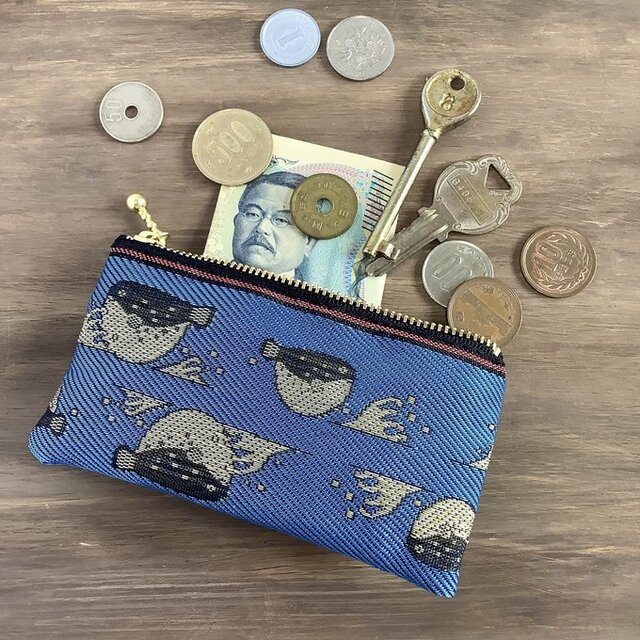 【ふぐ】畳縁　ぺたんこ　ミニポーチ　小銭入れ　カードケース　青　ふく　フグ　魚　海