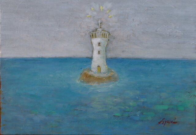 油彩画 灯台の風景 横約60cm x縦約 53cm 油彩画 灯台の風景 横約60cm x