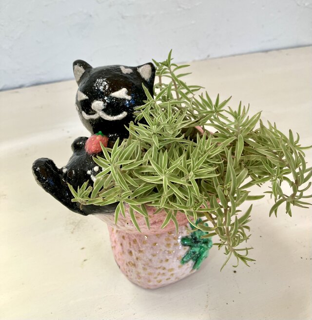 植木鉢　セメント　ミニサイズ猫　いちご形プランターオブジェ手作り
