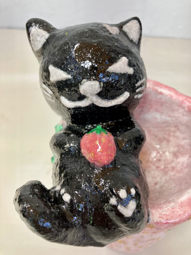 植木鉢 セメント ミニサイズ猫 いちご形プランターオブジェ手作り