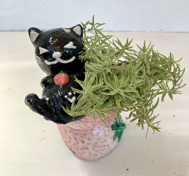 植木鉢 セメント ミニサイズ猫 いちご形プランターオブジェ手作り