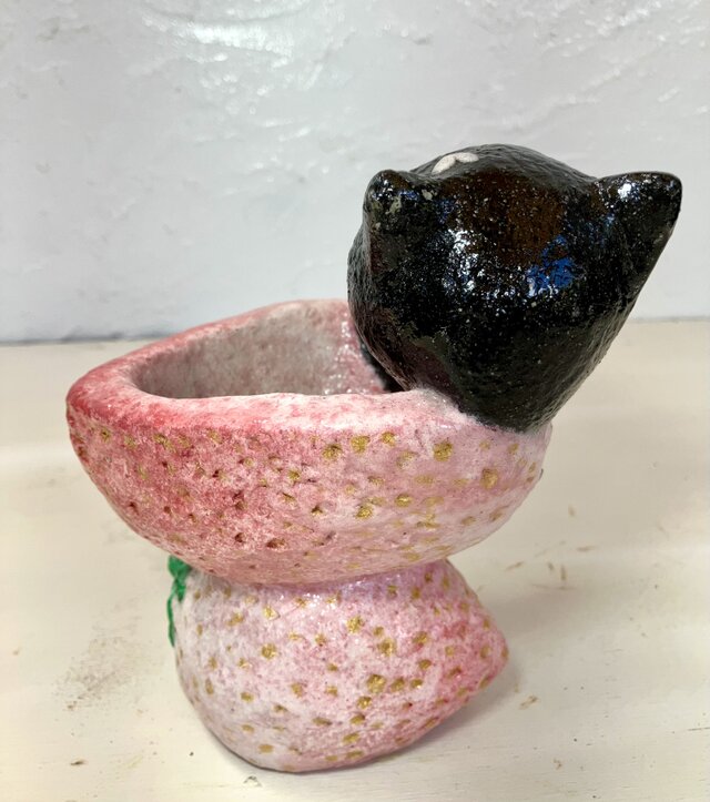 植木鉢 セメント ミニサイズ猫 いちご形プランターオブジェ手作り