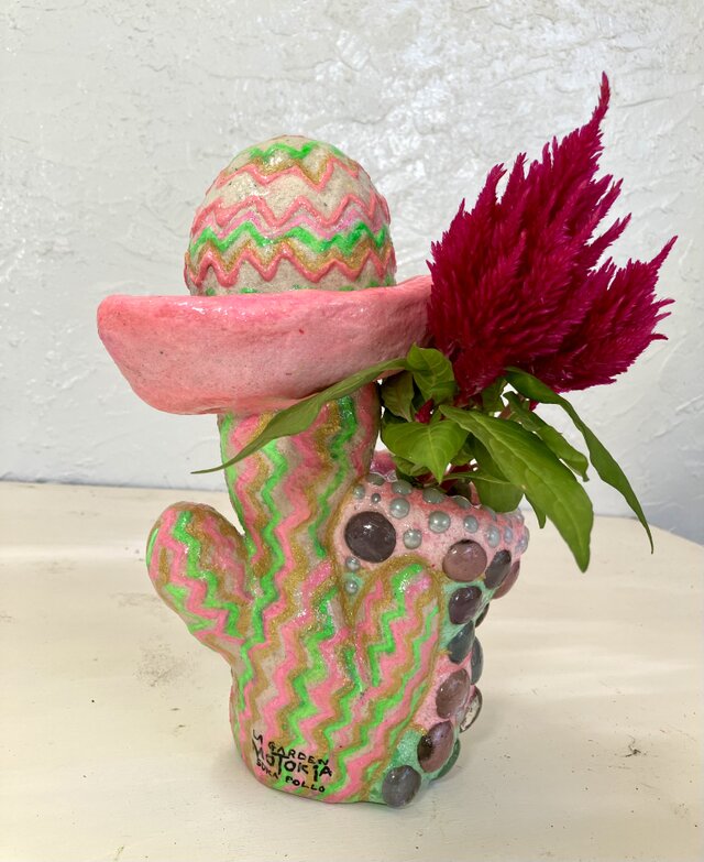 植木鉢　セメント　ミニサイズ　サボテン形ピンクガラスタイル付きプランターオブジェ手作り