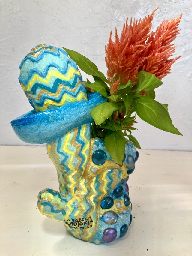 植木鉢　セメント　ミニサイズ　サボテン形ブルーガラスタイル付きプランターオブジェ手作り