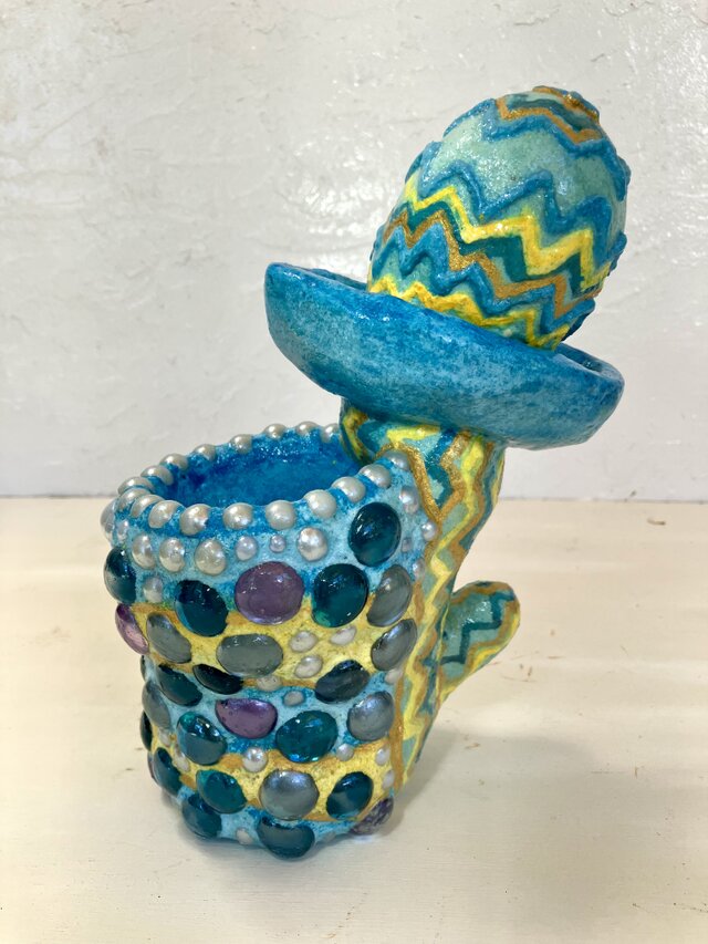 植木鉢 セメント ミニサイズ サボテン形ブルーガラスタイル付き