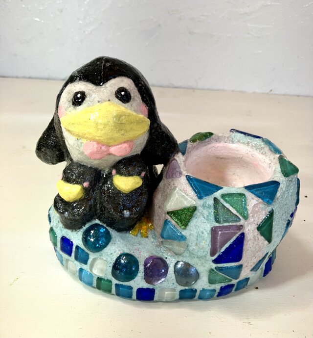 植木鉢 セメント ミニサイズペンギン親子ガラスタイル付きプランター