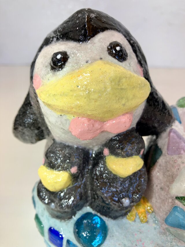 植木鉢 セメント ミニサイズペンギン親子ガラスタイル付きプランター