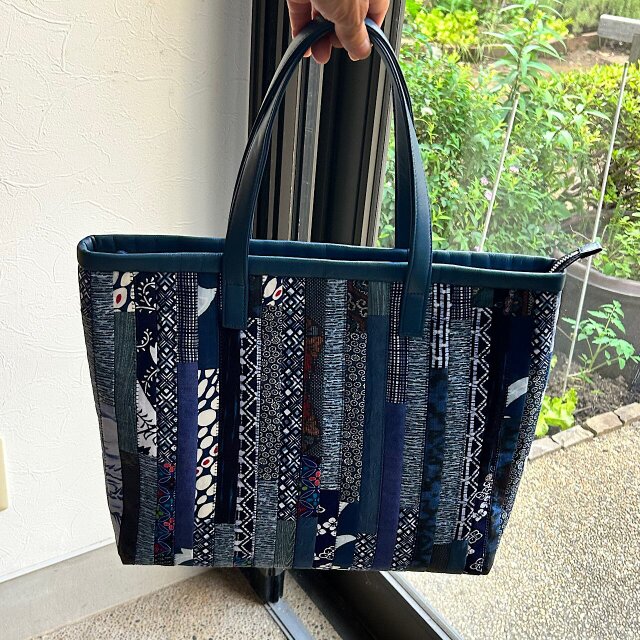 バッグ 古布 バッグ 古布 パッチワークトートバッグ ネイビー系