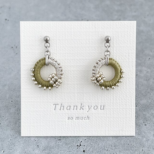 【色糸×ラメ糸＊リングスイングピアスorイヤリング＊シルバー・スモーキーグリーン】