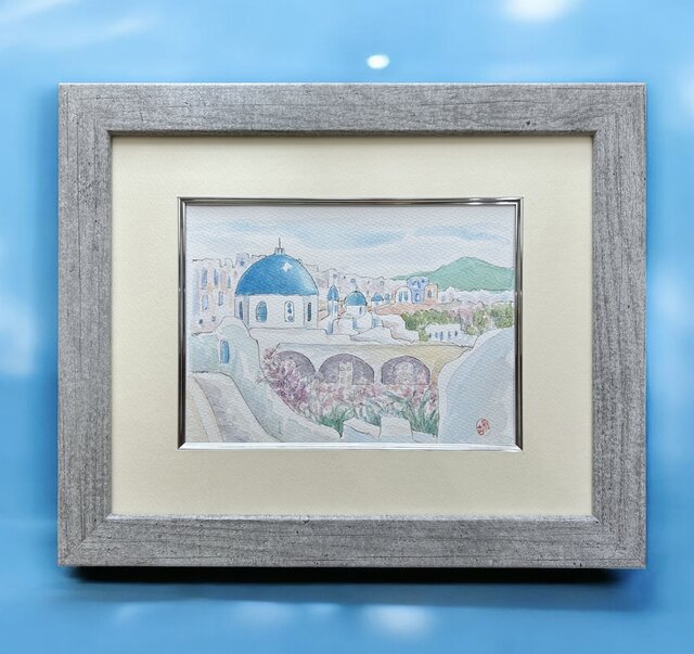 おだやかな休日(ギリシャ、サントリーニ島、水彩画、原画、額付き