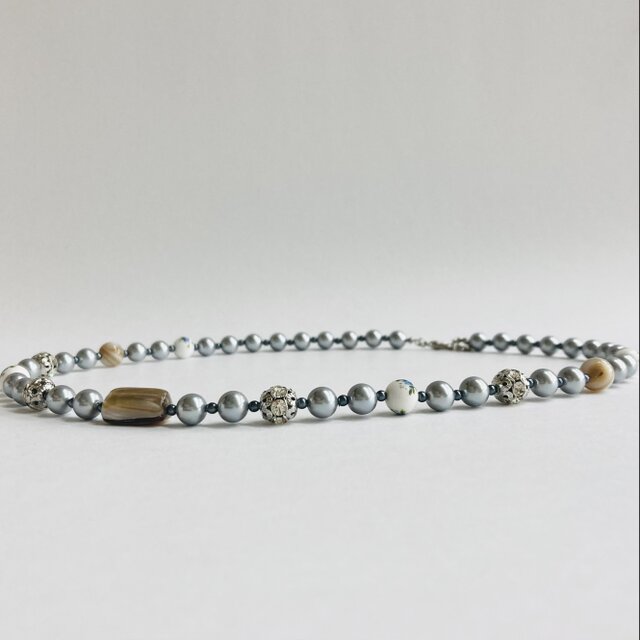 貝磨きパールデザインミディアムネックレス/約7mm約50cm/磨きグレー/made in japan