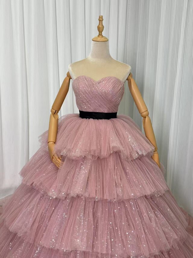 カラードレス　チュールドレス　ピンク オーダー制作】ウエディングドレス ピンク/グレイチュールドレス