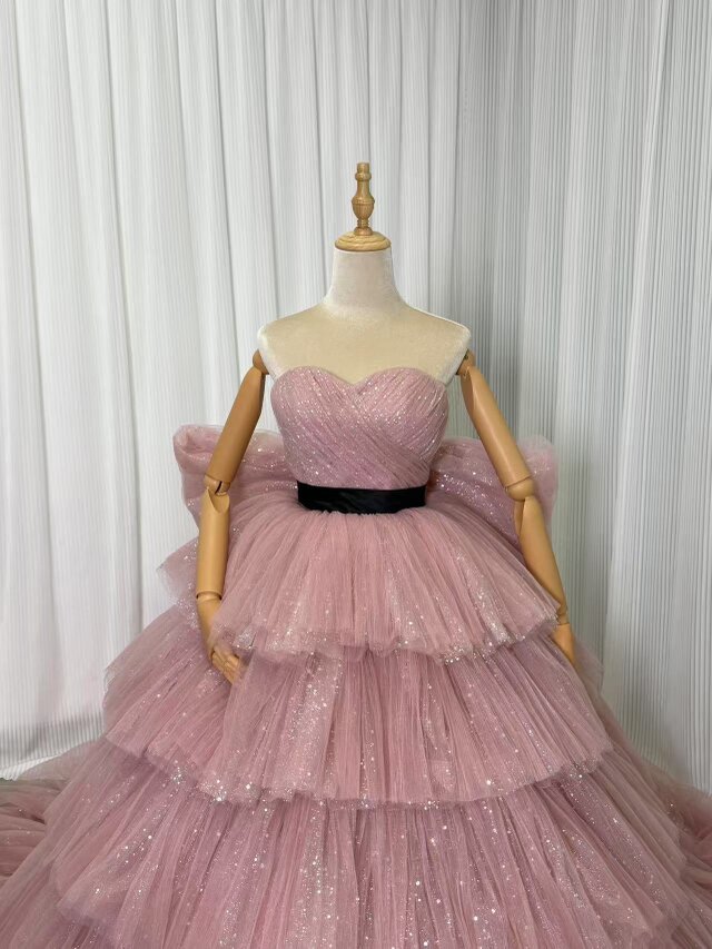 カラードレス ピンク ベアトップ キラキラチュール 柔らかく重ね