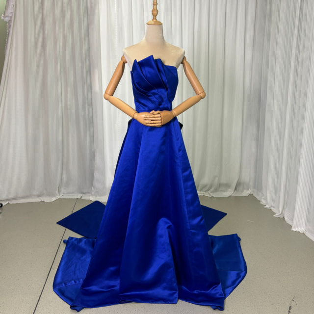 カラードレス ジュエルブルー ベアトップ ハンドドレープ 光沢感 バックリボン 編み上げ 演奏会