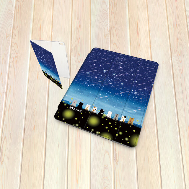 手帳型 iPadケース 【バックカバー：ハードタイプ】片面印刷/カメラ穴有【ほのぼのにゃんこ（流れ星と蛍火）】