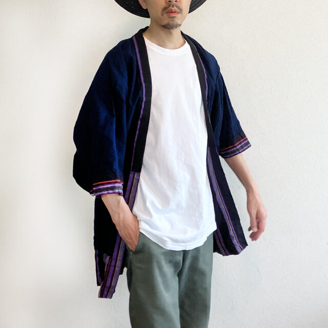 野良着｜藍染無地裏地 縞模様 木綿｜ジャパンヴィンテージ 昭和