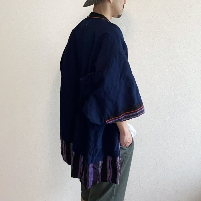 藍無地裏地 野良着 着物 ジャケット｜縞模様｜ハンドメイド・リメイク素材にお勧め 藍無地裏地 野良着 着物 ジャケット｜縞模様｜ハンドメイド