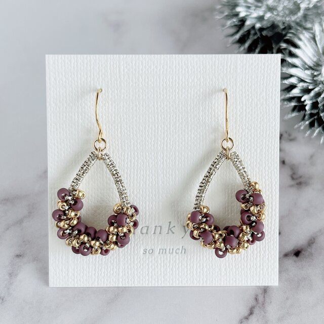 【ラメ糸の粒々シャイニーティアフレームピアスorイヤリング＊パープル】