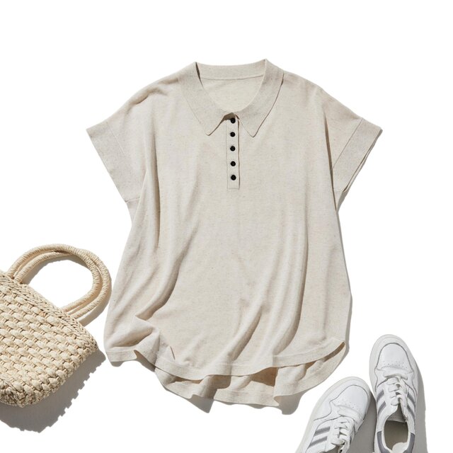 通気性抜群 シワになりにくい 夏用ニットポロシャツ 　半袖ニット 　ベージュ250611-1