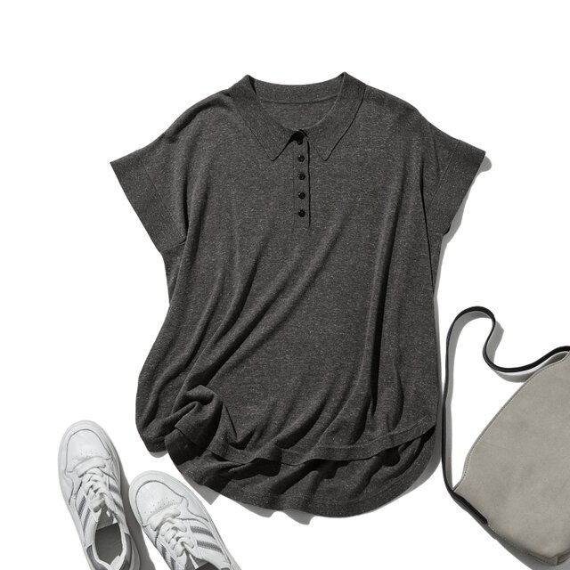 通気性抜群 シワになりにくい 夏用ニットポロシャツ 　半袖ニット 　ダークグレー　250611-2