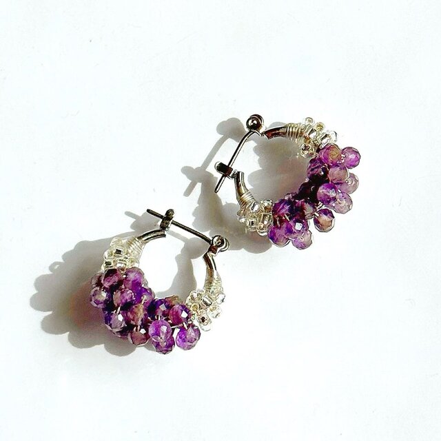 アメジストのフープピアス・イヤリング（シルバー）｜2月誕生石　チタン　Silver925ワイヤー