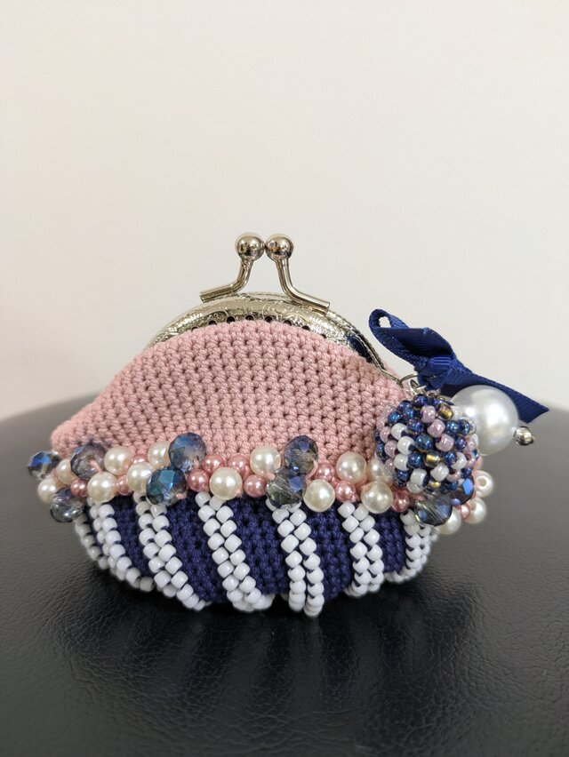 29*ビーズがま口☆ポップコーンバスケット☆ピンク×ネイビー