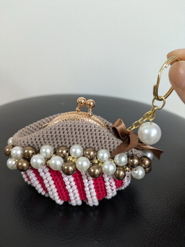 32*ビーズがま口☆ポップコーンバスケット☆赤×茶