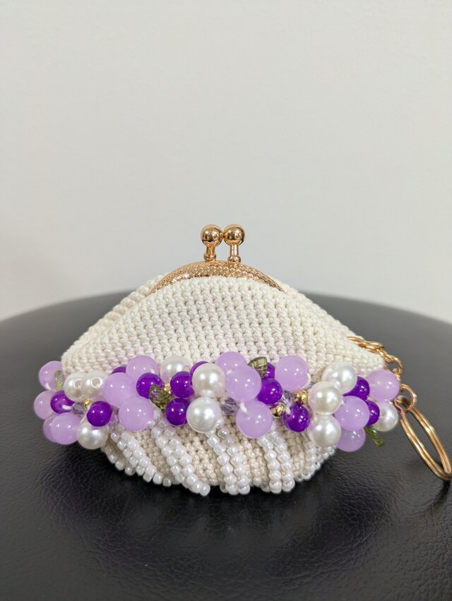 34*ビーズがま口☆シェルバスケット☆パープル