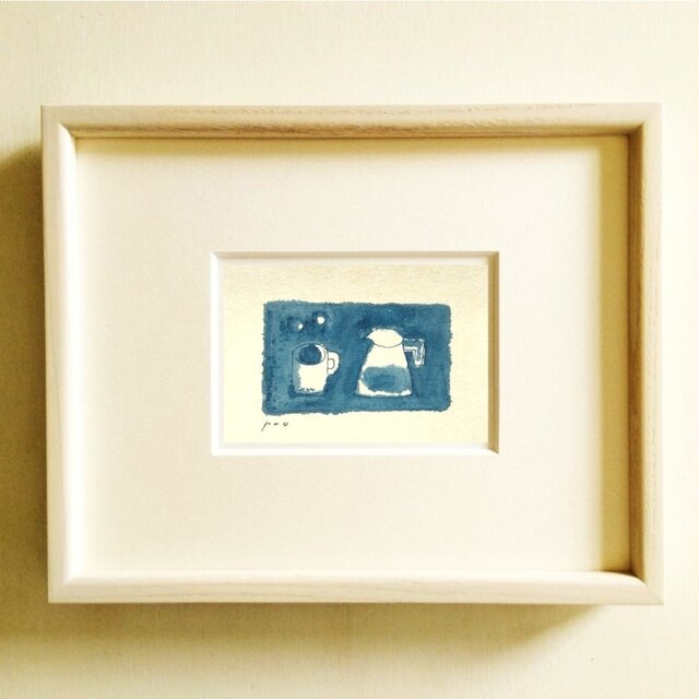 青いドローイングの絵画｜水彩　※木製額縁入り（インチサイズ）